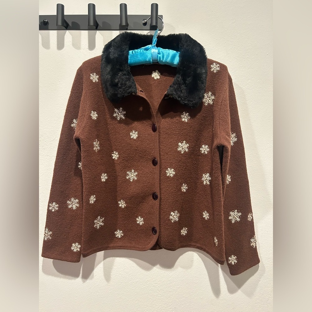 Vintage PAINTED PONY Brown Snowflake Fur Trimmer Wool Sweater / Size Small /